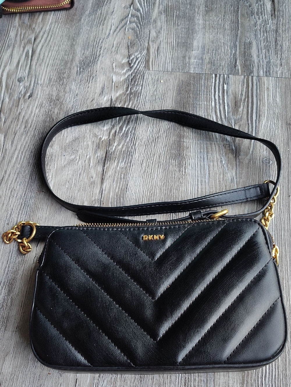 DKNY Black Quilted V-Chevron Leather Crossbody with Gold Hardware